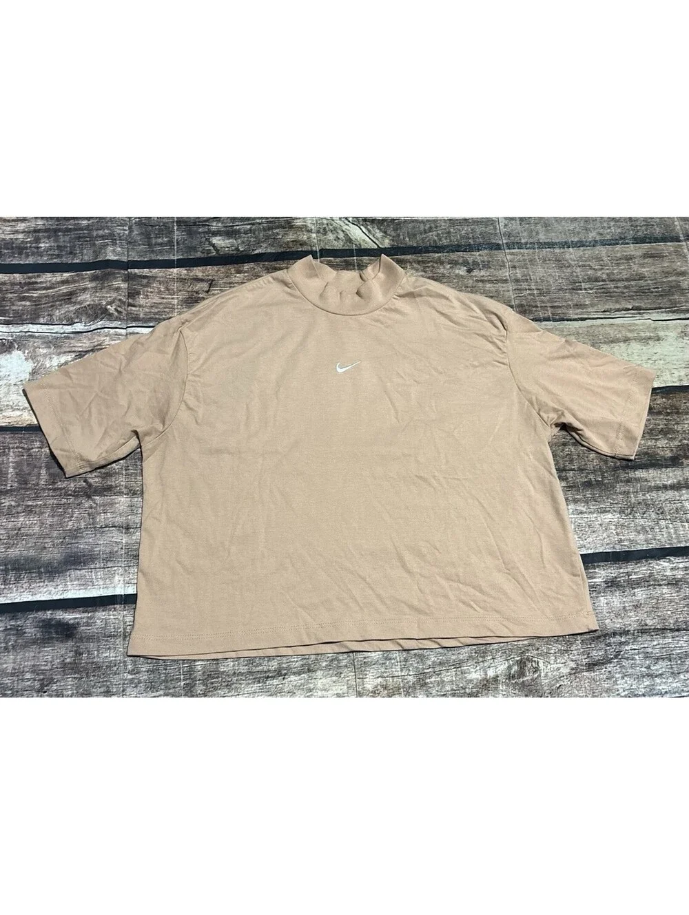 Nike Top Womens Medium Center Swoosh Mock Neck Cotton Tan